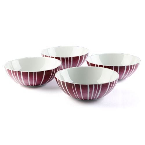 Kit Bowl Porcelana Portuguesa Listra Escape Vermelho Ameixa 4 Pcs