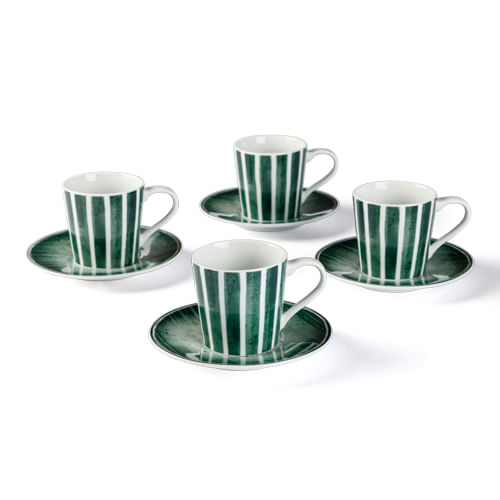 Kit Xícara Café Porcelana Listra Escape Verde 4 Pcs