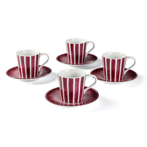 Kit Xícara Café Porcelana Listra Escape Vermelho Ameixa 4 Pcs