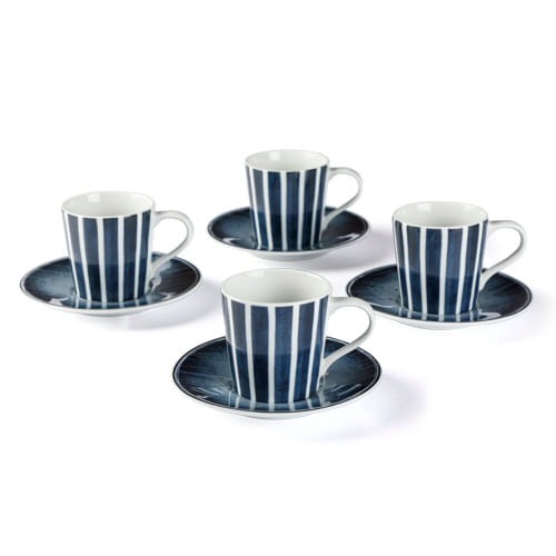 Kit Xícara Café Porcelana Listra Escape Azul Navy 4 Pcs